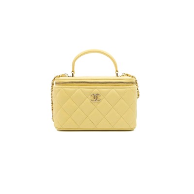CHANEL VANITY RECTANGULAR TOP HANDLE YELLOW LAMBSKIN GOLD HARDWARE 135269 (17*9*8cm)